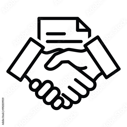 Two people shaking hands with a document being exchanged between them isolated on white background, Vector
