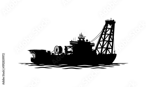 Silhouette of Industrial Dredging Ship or Offshore Construction Vessel