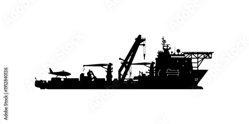 Silhouette of Military Aircraft Carrier Ship with Crane and Aircraft