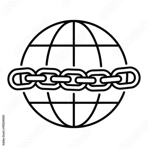 A globe with a chain wrapped around it symbolizing global connectivity. isolated on white background, Vector