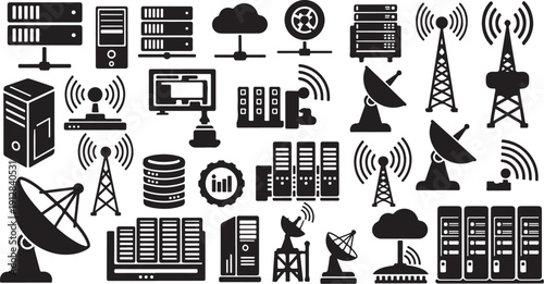 Black and white illustration of various communication technology icons