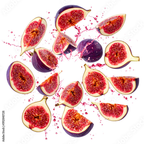 Fresh figs and fig slices with vibrant juice splashes, ripe purple fruit exploding with liquid