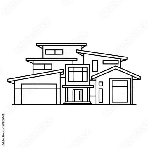 Modern two-story house with attached garage and large windows isolated on white background, Vector