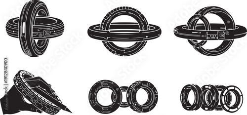 Collection of black metal rings and jewelry designs showcased