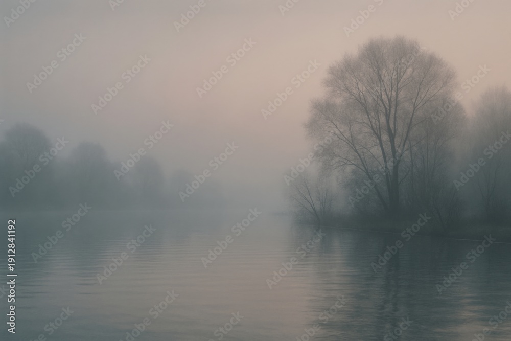 Fototapeta premium Mist covers the lake at dawn, hiding trees and creating a soft atmosphere around the water