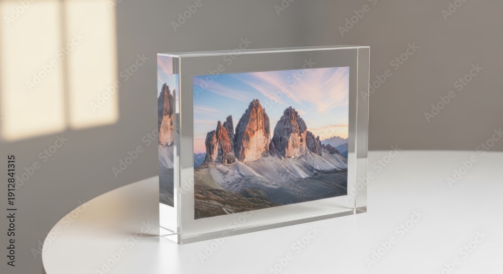 Fototapeta premium A clear acrylic photo frame with a mountain landscape image inside, placed on a white surface with a soft shadow cast on the wall behind it.