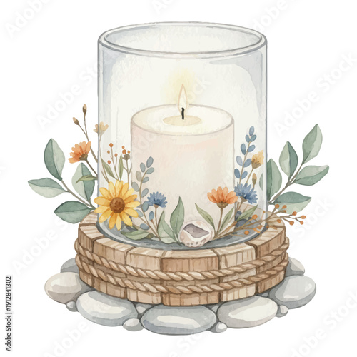 Candle Holder with Floral Summer Decoration, Cozy Home Accent, Watercolor Vector Illustration Isolated on White
