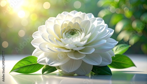 White layered flower macro with soft bokeh and green foliage in natural garden light