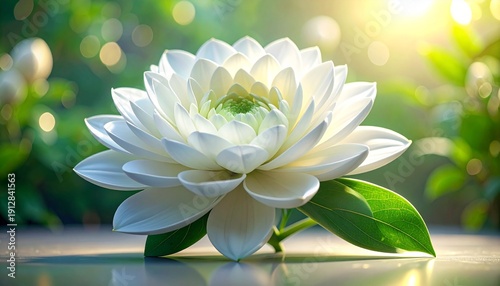White layered flower macro with soft bokeh and green foliage in natural garden light