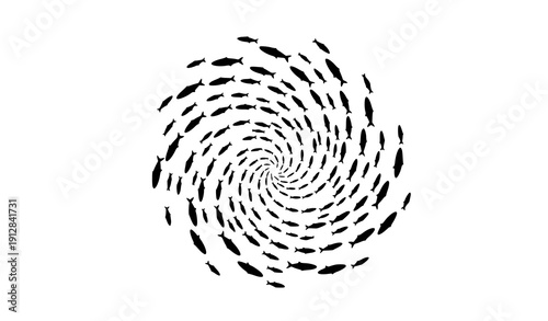 Spiral Shoal of Fish Silhouette – Swarming Marine Life Vector Design Isolated on White