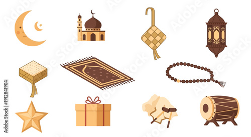 Islamic cultural symbols and prayer accessories displayed together in an illustration showcasing traditional elements