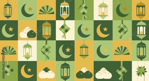Celebratory Islamic motifs and lanterns in a vibrant grid pattern with crescent moons and stars, showcasing cultural symbols in a festive design