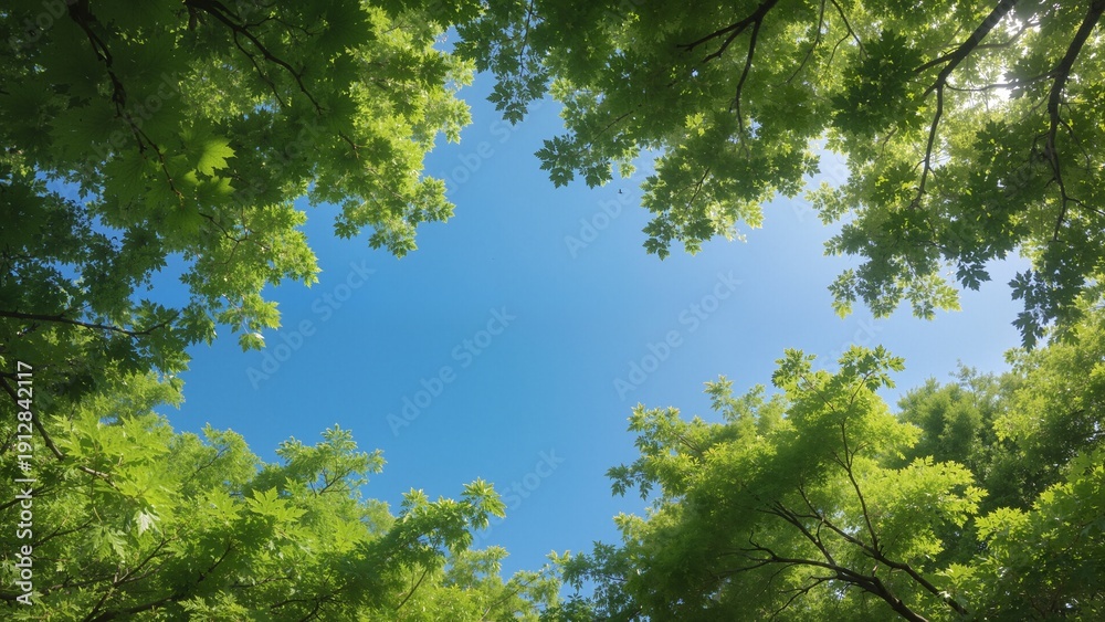 Obraz premium Green tree canopy against blue sky