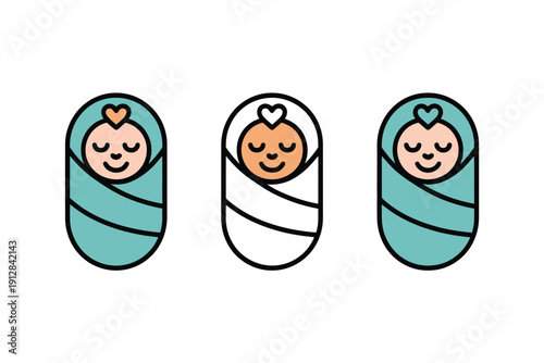 Three newborn babies sleeping peacefully wrapped tightly in swaddling.