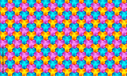 Colorful 3D Star Cube Geometric Seamless Pattern with Vibrant Gradient Colors