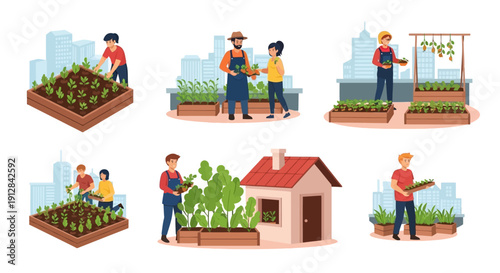 People gardening on rooftops and in urban farming environments
