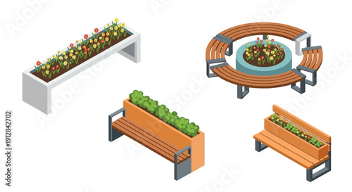 Isometric view of outdoor urban furniture with flowerbeds and seating