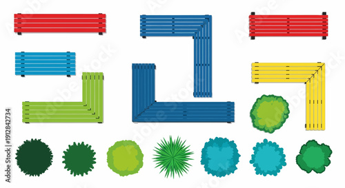 Colorful modular sofa arrangements and corresponding top down garden views