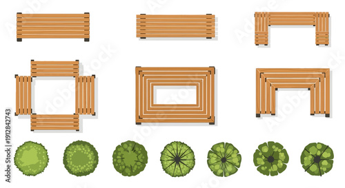 Top view of wooden planters and stylized green trees