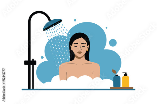 Woman enjoys relaxing in a foamy bath under the running shower head.
