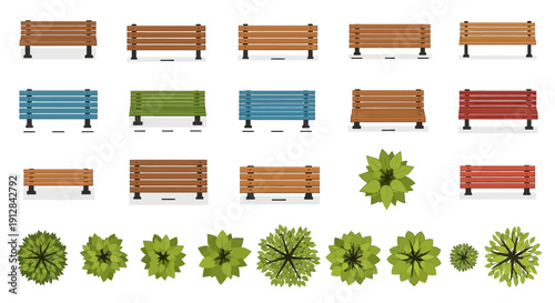 Collection of colorful park benches and various tree top views