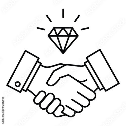 Two hands shaking with a shining diamond representing a successful business deal isolated on white background, Vector
