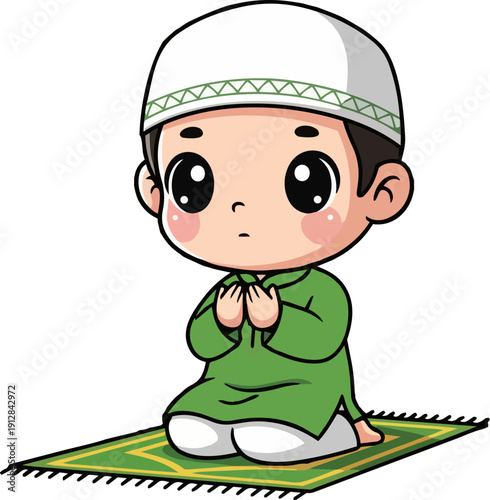 A young boy kneeling in prayer on a green prayer mat with hands clasped together in a serene illustration