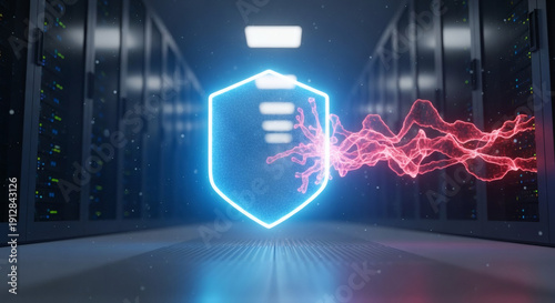 Cyber security shield protecting digital data on servers within a modern data center. Concept of network defense and advanced threat prevention in information technology infrastructure