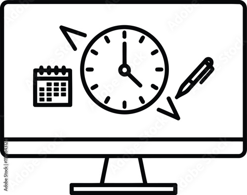 A computer screen displaying a clock, calendar, and pencil for time management. isolated on white background, Vector