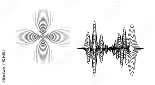 Two distinct waveform visualizations one circular and one complex peak pattern