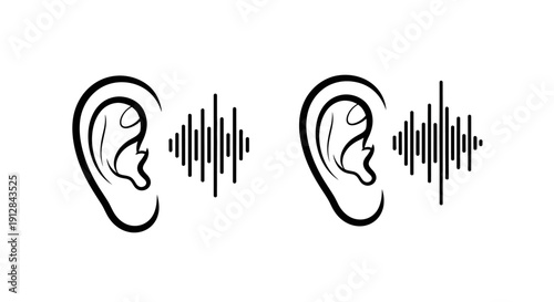 Two ears with sound waves representing hearing and audio reception