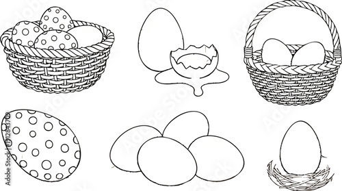 Hand drawn black and white line art set of detailed easter eggs in baskets cracked open and in nest collection vector illustration