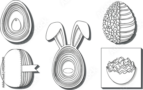 Hand drawn layered paper art style collection of various decorative eggs and one bunny silhouette with layered shadows and texture effects vector illustration