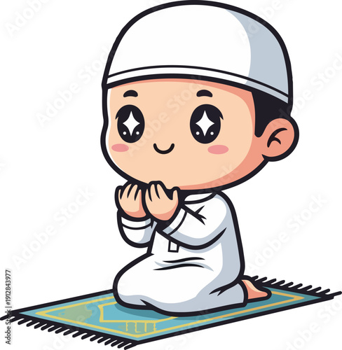 A young boy kneeling in prayer on a prayer mat with hands clasped together in a serene environment