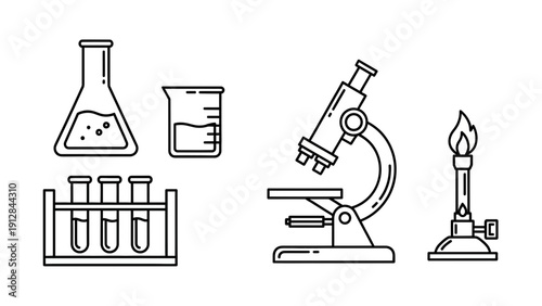 Science Laboratory Equipment Icons: Beaker, Flask, Microscope, Test Tubes, Burner