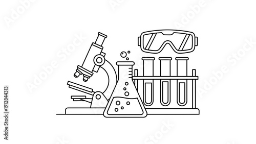 Science Laboratory Equipment: Microscope, Flask, Test Tubes, and Goggles