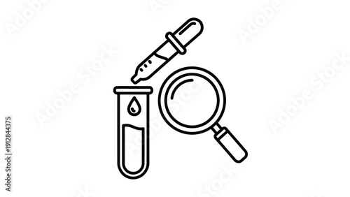 Scientific research icon: pipette with drop, test tube and magnifying glass, clean line art