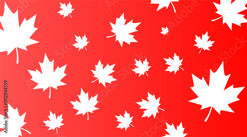 White maple leaves pattern on vibrant red gradient background. Autumn fall foliage background for Canadian celebration or seasonal theme.