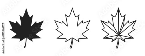 Set of three black maple leaf icons isolated on white. Minimalist solid silhouette, outline, and geometric line art symbols of Canadian foliage.