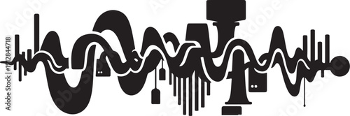 Black and white cityscape with abstract waveform design elements