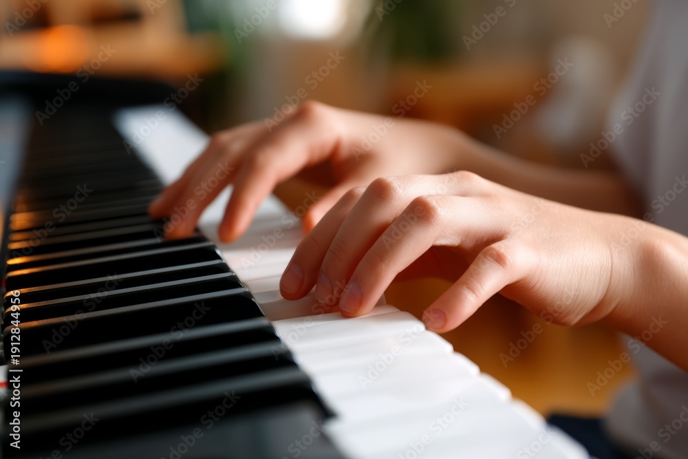 Fototapeta premium Elegant Hands Playing Soft Melodies on a Keyboard in a Pastel Setting