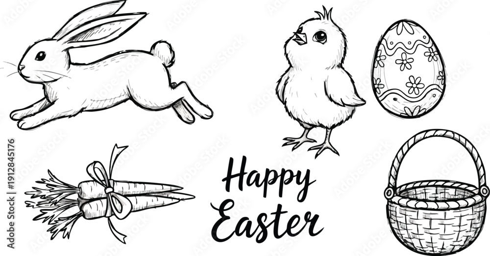 Fototapeta premium Hand drawn detailed sketch style happy easter composition with running rabbit small chick decorated egg carrot bundle and empty woven basket vector art illustration