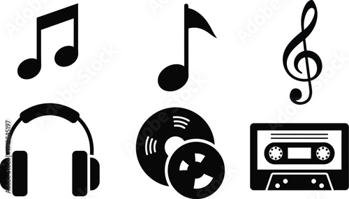 Music themed icons, musical note, a treble clef, headphones, and a cassette tape. 
