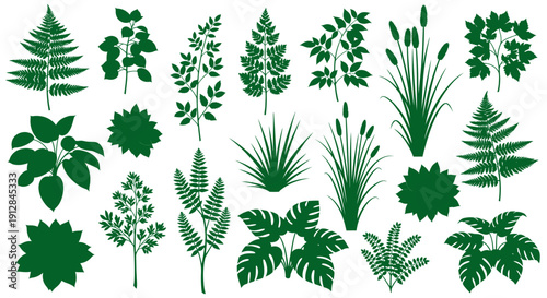 Assortment of green plant silhouettes on a white horizontal banner