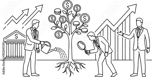 Vector Line Art of Financial Investment Team: Watering Money Tree, Analyzing Growth, and Presenting Profit