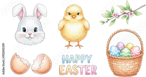 Watercolor style hand drawn bunny face chick animal cracked eggshell basket with colorful painted eggs and blossoming branch happy easter lettering spring holiday illustration