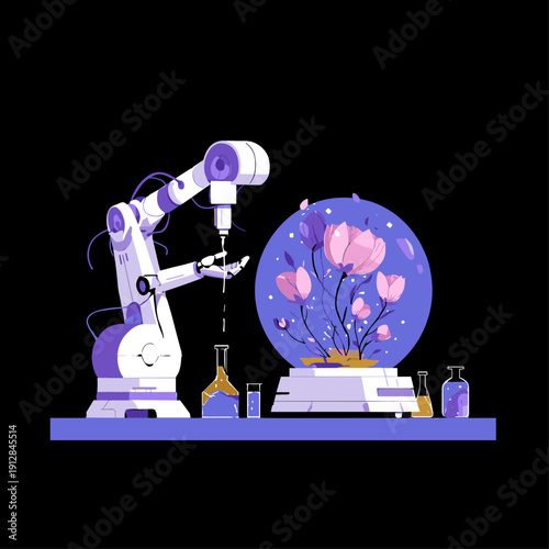 Futuristic robotic arm cultivating a bioluminescent plant