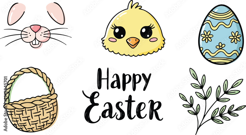 Fototapeta premium Hand drawn easter set with cute bunny face chick head woven basket decorated egg and leafy branch vector illustration with happy easter text in pastel colors