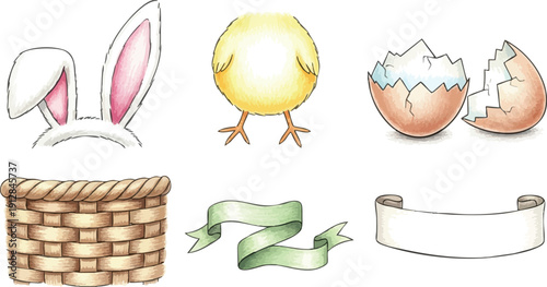 Hand drawn watercolor style bunny ears basket chick cracked eggshells green and white decorative ribbons isolated on white background vector set