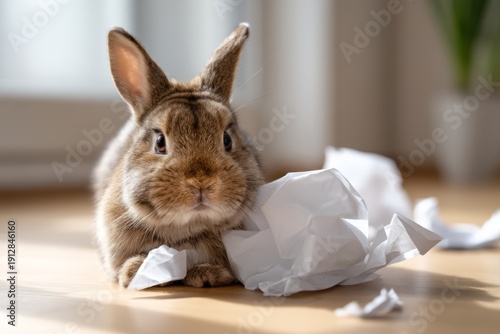Cute Rabbit Chewing Paper in an Indoor Scene for a Playful Prank Setup